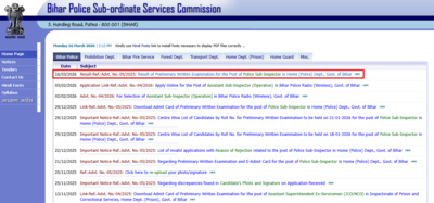 bpssc bihar police si result 2026