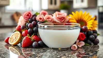 vinegar bowl with fruits and flowers