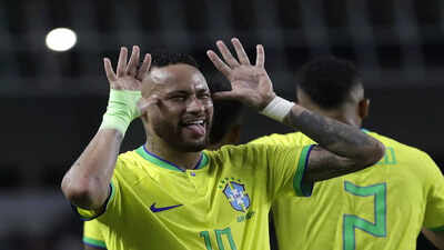 brazil39s neymar celebrates scoring his side39s 5th goal against bolivia during a